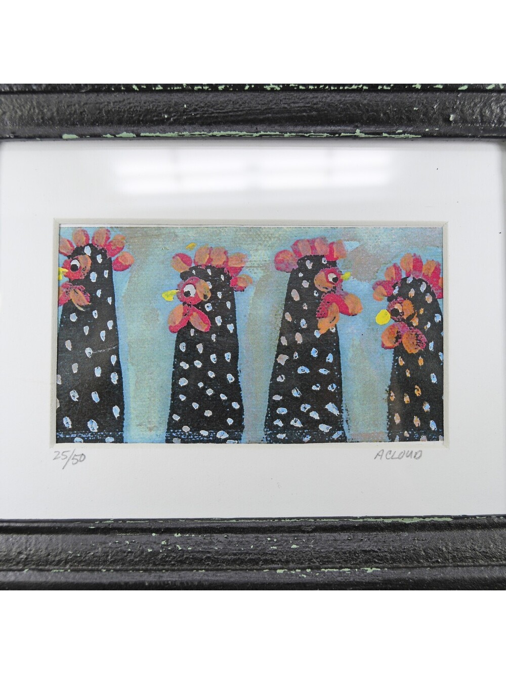 Whimsical Folk Art Rooster Chicken Print Signed Amy Cloud Vermont Artist Framed